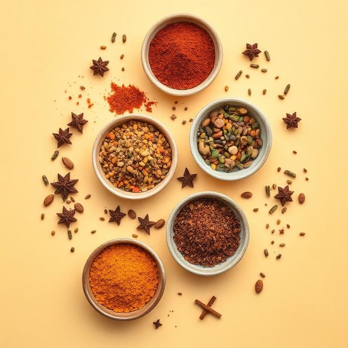 Bowls of ground and whole spices