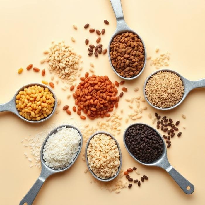 Scoops of rice, lentils and grains